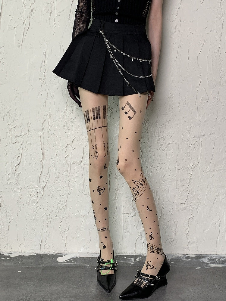 Print Strumpfhose Polka-Dot Piano Star Nude Y2K Muster Note