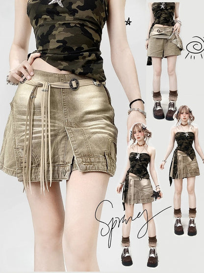 フェードファッション ライトウォッシュデニムスコート ミラードブラウン