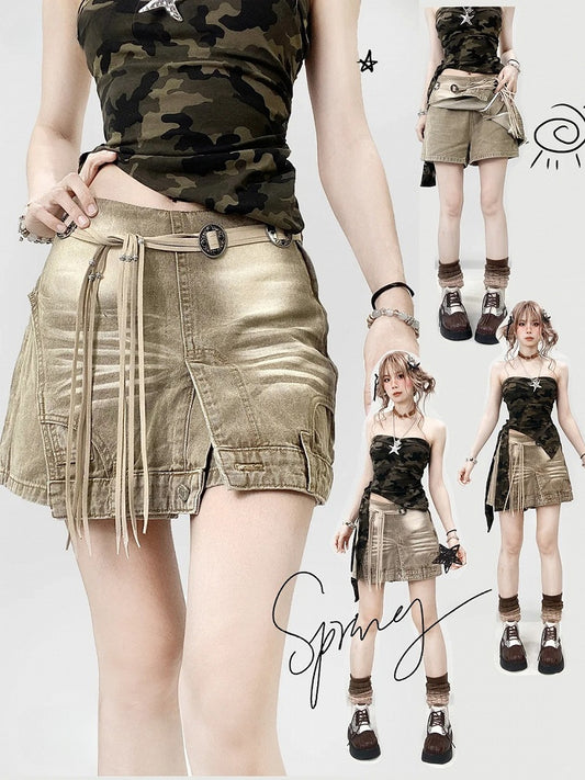 フェードファッション ライトウォッシュデニムスコート ミラードブラウン