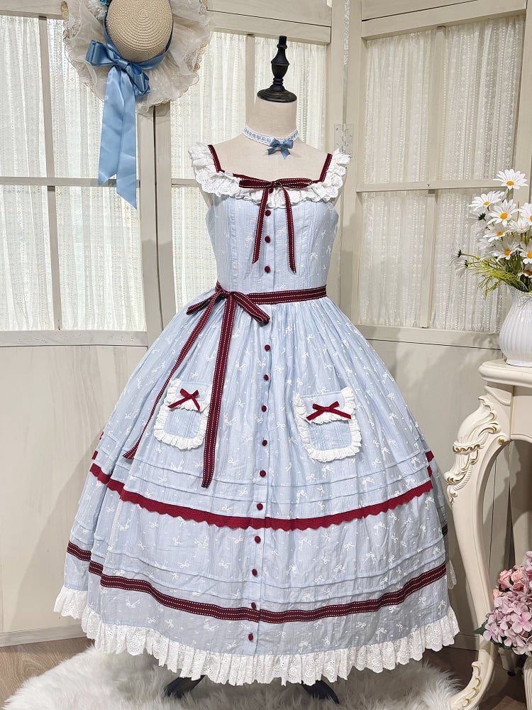Placket Plus Available Bows Lolita Small Sizes and JSK Button Front Classic Fabric Blue Red