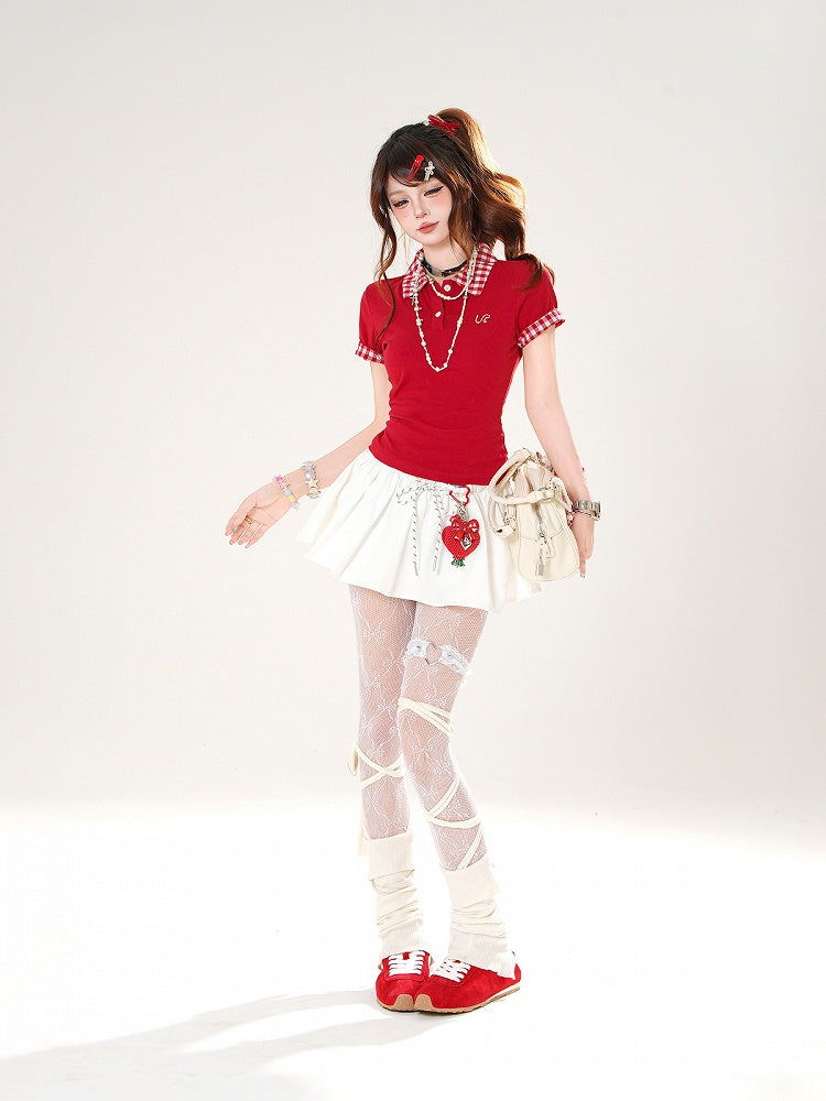 Preppy Style Red/Navy Polo Collar Slim-fitting T-shirt Blue