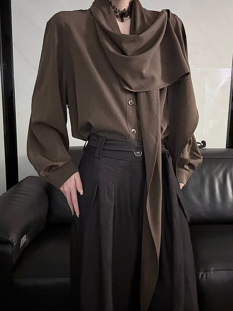Brown Scarf Shirt Lolita Long Neckline Sleeve