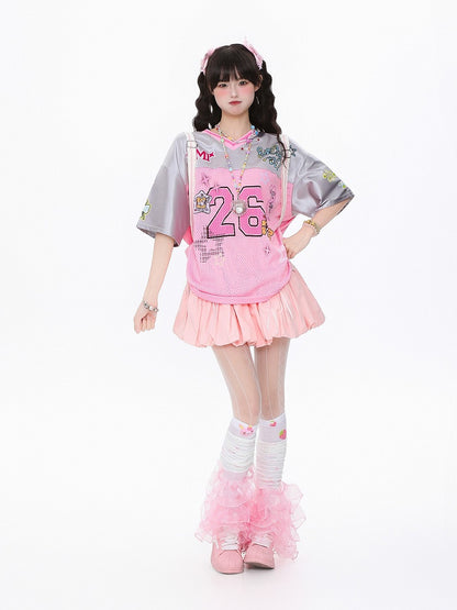 Breathable Satin Jersey T-Shirt with Contrast Collar and Number Print Pink/Green