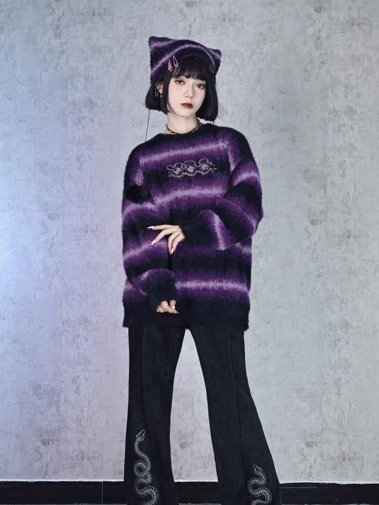 Cheongsam Sweater Gradient Mink Embroidery Faux Purple Animal with Stripes Gothic