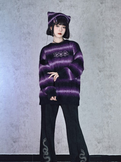 Cheongsam Sweater Gradient Mink Embroidery Faux Purple Animal with Stripes Gothic