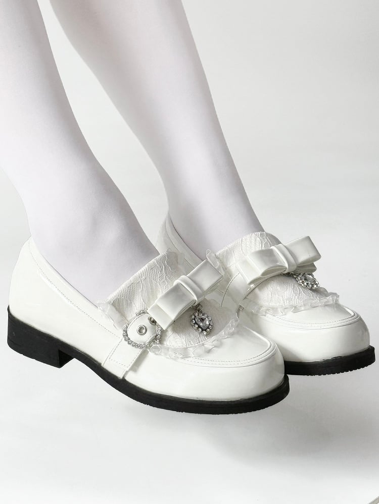 Details Polished Accent White Rhinestone Bow Low-heel PU Heart