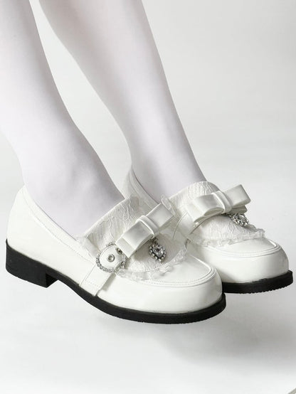 Details Polished Accent White Rhinestone Bow Low-heel PU Heart