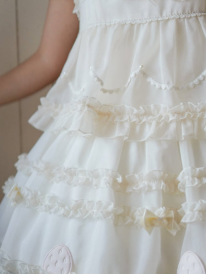 Beiges süßes Lolita-Kleid mit Schleifenakzenten und Rüschenbesatz