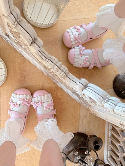 Lolita Polka-dot Design Pink Bunny Applique Bowknot Pattern Lace Trim Sweet Crisscross Details Shoes