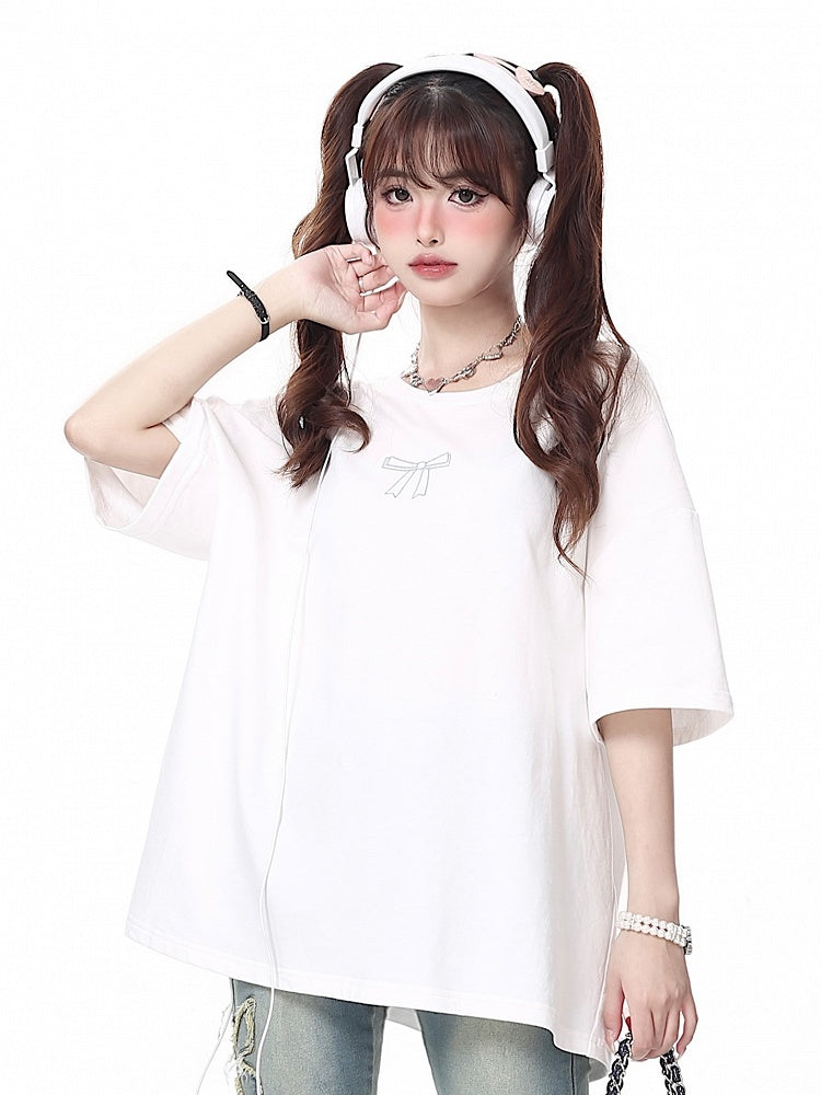 Details Multi-Color Print T-shirt Lacing White Back with Ribbons Bow