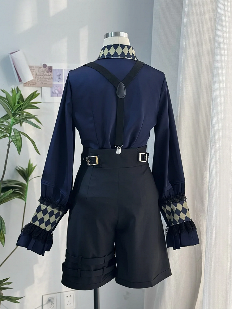 カフス ロリータ スリーブ ロイヤルブルー サーカス プリント カラー 王子 ロング バイブス シャツ チェッカーボード