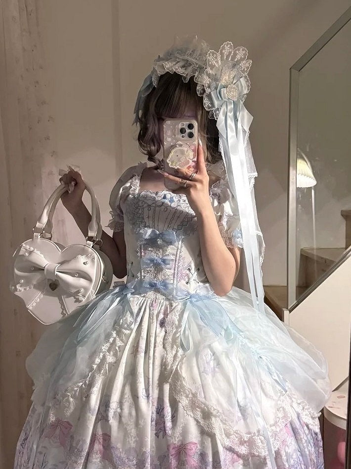 Blue/Pink Lace Bow Sweet Lolita Hairclip with Long Ribbons - PG Lullaby