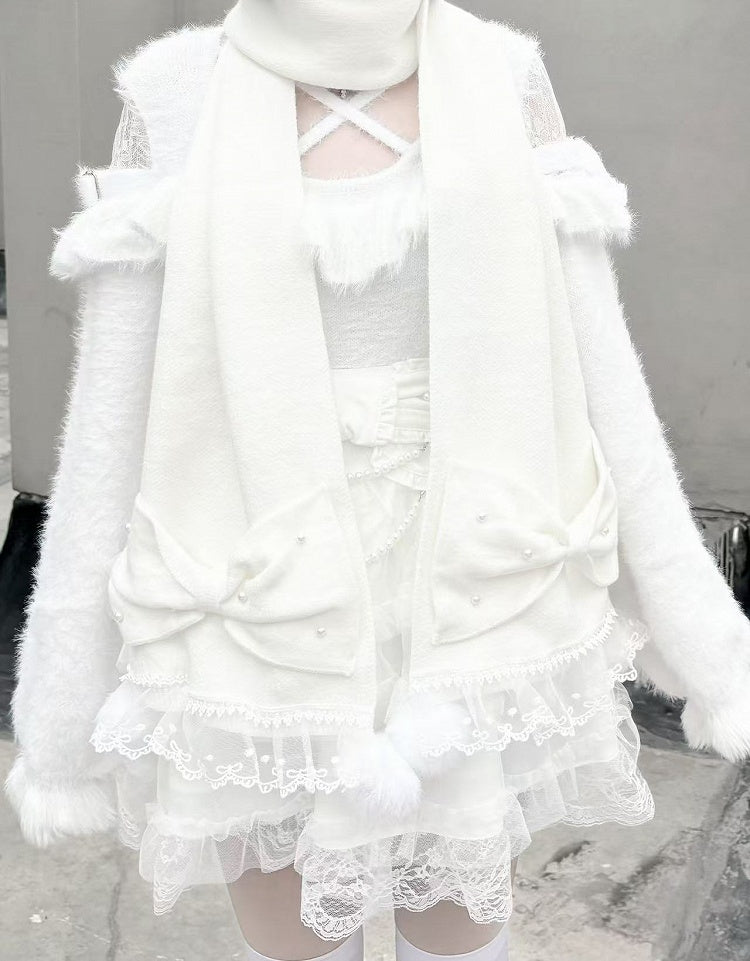 Lace White with Scarf Big Bows Trim and Jirai Bead Embellished Kei