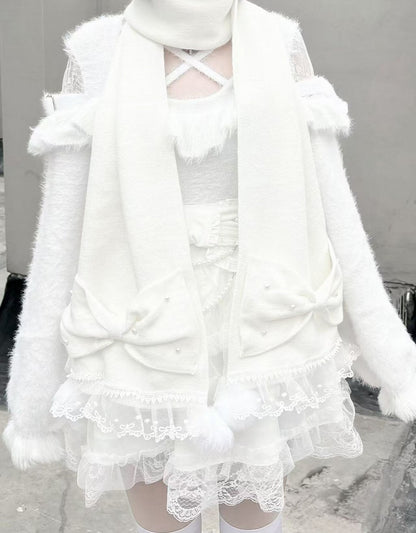 Lace White with Scarf Big Bows Trim and Jirai Bead Embellished Kei