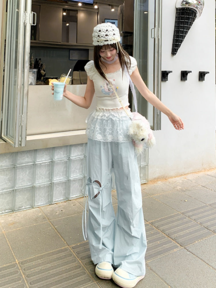 Blue/Pink Heart-shaped Cutout Wide-leg Pants Drawstring Waist