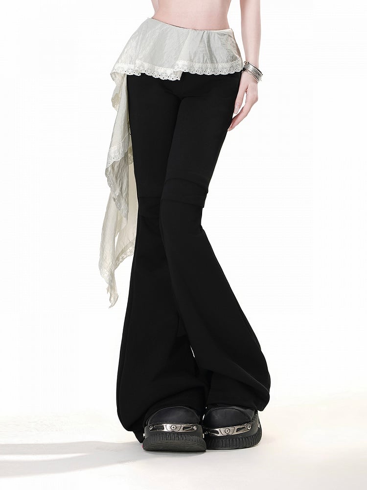 Design Schwarz Elastische Taille Patchwork Saum Schlaghose Asymmetrische