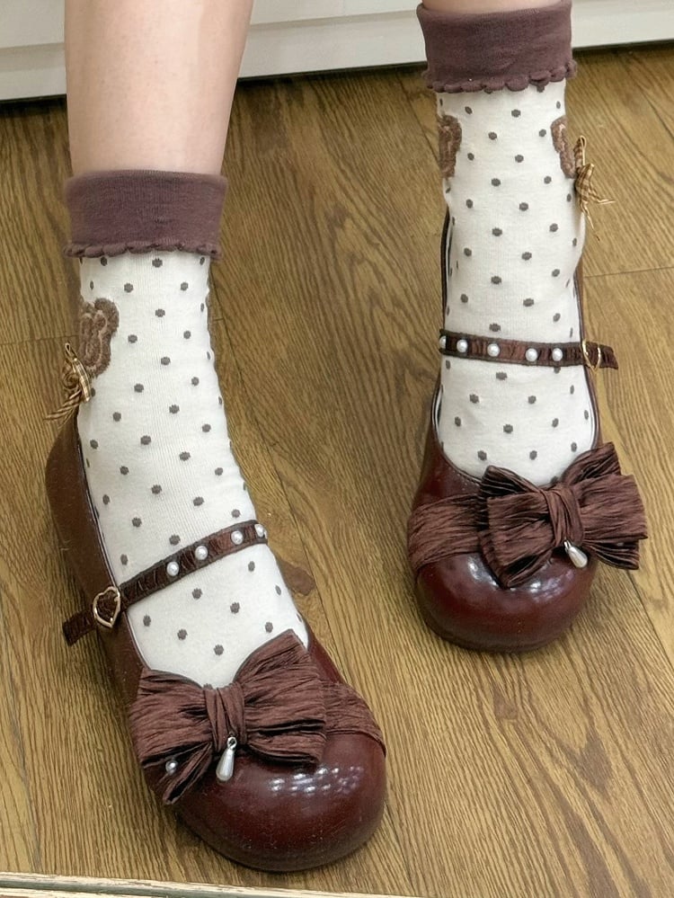 Top Decorated Chocolate Bow Lolita Toe Heart at Round Beaded Shoes Buckle Brown