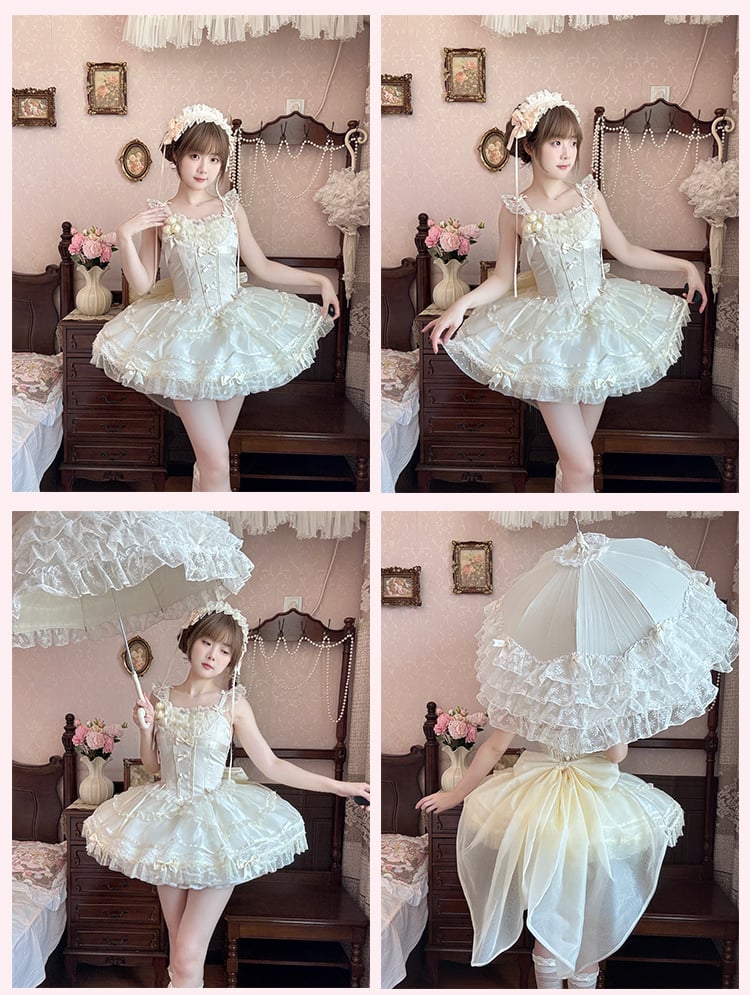 Beigefarbenes JSK-Kleid mit Flatterärmeln und Schleifen auf süßem, bauschigem Balletcore-Lolita-Mieder