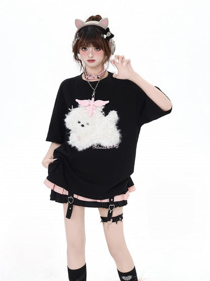 Black/Light Blue/Light Gray Plush Puppy Applique Loose T-Shirt