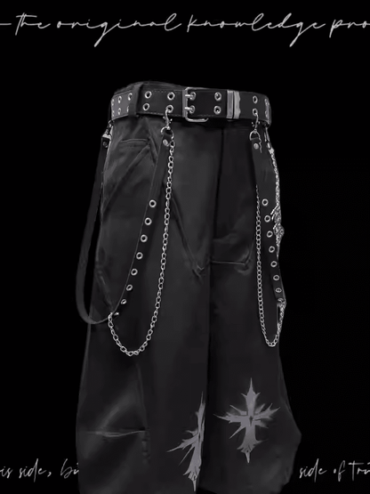 ロックY2Kワイドレッグパンツフリーチャームブラッククロスプリントパンク