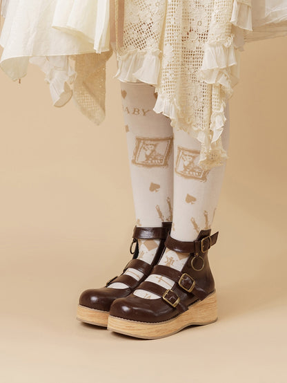 - Sohle Schnalle cm Knöchel 3–5 Maserung 3 braun Holz Stiefel Riemen Keil Plateau Vintage