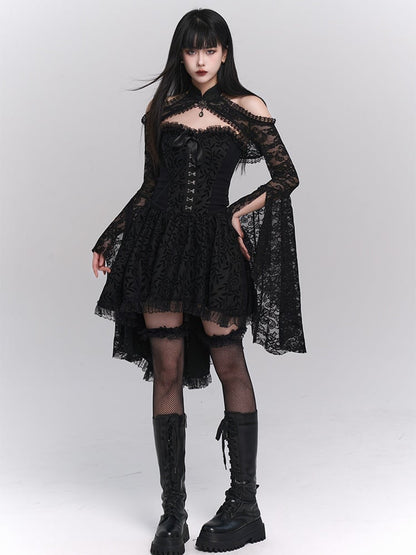 Black Shrug Collar Banded Bell Lace Sleeves Gothic