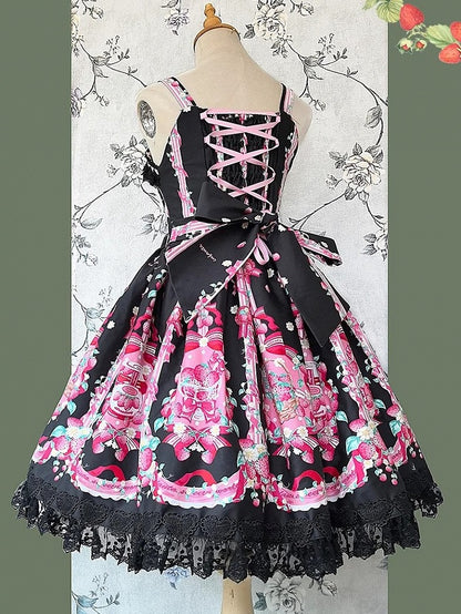 with shaped Pink Strawberry Heart Lace Lolita Dress Black Trim Sweet Print JSK