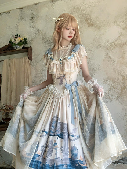 Edward Basque Lolita Print Kleid Klassischer Hals Elegantes Engelsstück Taille Eins