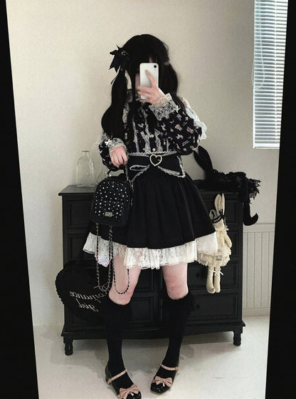 Bow Decorated Skirt with Lace Trim, Jirai Style, 4 Colors - Kitty Bxllet