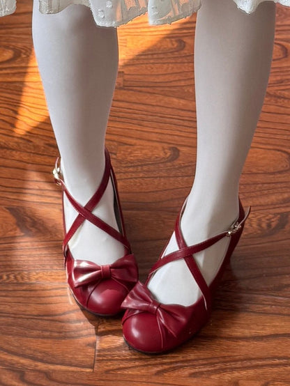 Lolita Top at Elegant Straps Janes Wine Mid-heel Mary Crossed Bow Red in