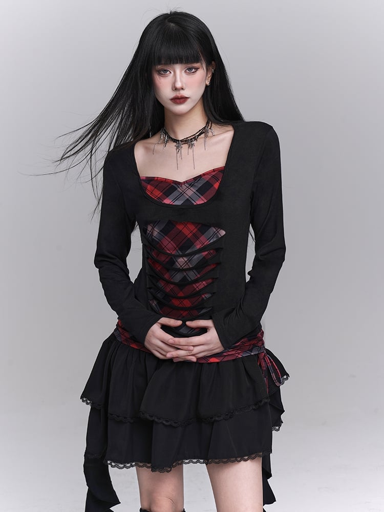 Sweetheart Neckline Distressed Holes Faux Two-pieces Red