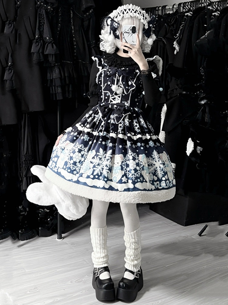 Sweet Winter Lolita Snowy Teddy Print Black-Dark Blue Gradient Lolita JSK Full Set