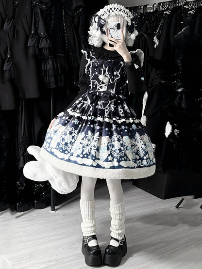 Sweet Winter Lolita Snowy Teddy Print Black-Dark Blue Gradient Lolita JSK Full Set