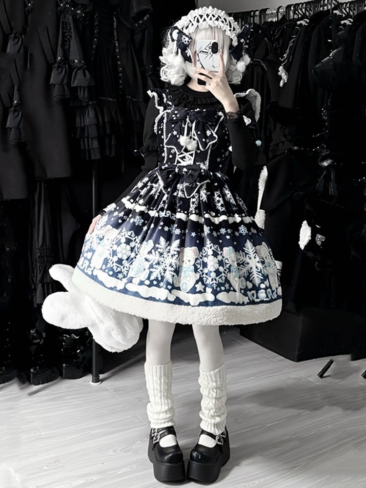 Winter Sweet Lolita Black-Dark Blue Gradient Dress with Teddy and Snowflake Print