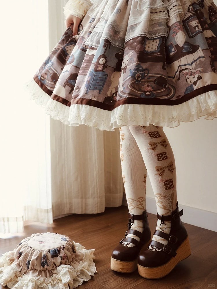 Trims Beige with Dress Brown Lolita Round Print Home Sheep's Sweet Neck Lace