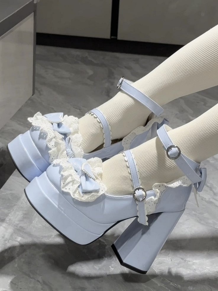 Light Sweet PU Heels Lolita Circle High Buckle with Blue