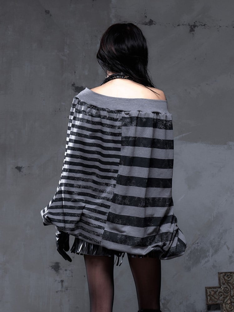 Black Sweatshirt Dress Print Stripes Cross Punk Off-Shoulder Versatile Batwing with Y2K Gray