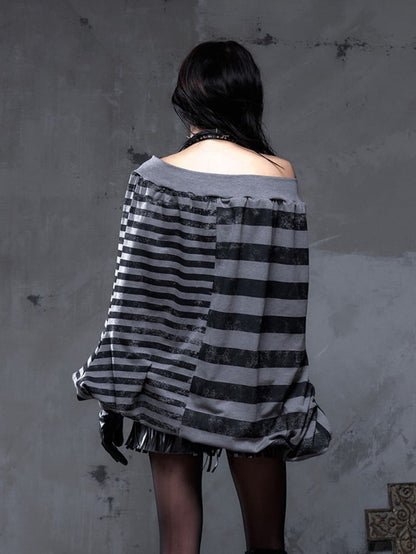 Black Sweatshirt Dress Print Stripes Cross Punk Off-Shoulder Versatile Batwing with Y2K Gray