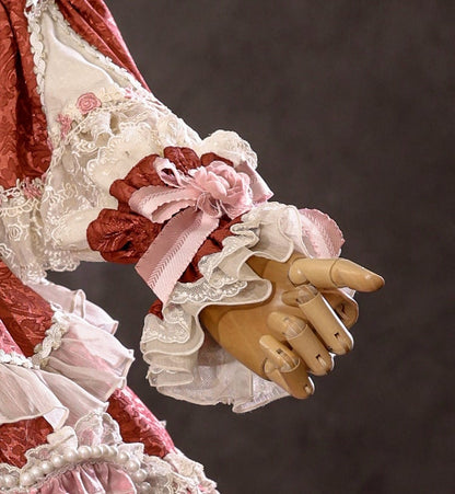 赤い花嫁ロゼット刺繍の花とビーズチェーンのディテールロリータOPフルセット