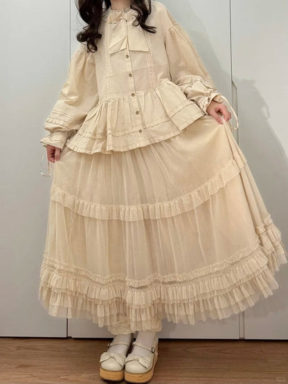 Jupe multicouche en tulle beige élégant à ourlet volanté ample Lolita