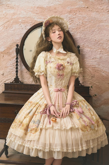 Sweet Light Print Jumper Beige Skirt Farm Sunflowers and Lolita Ducks