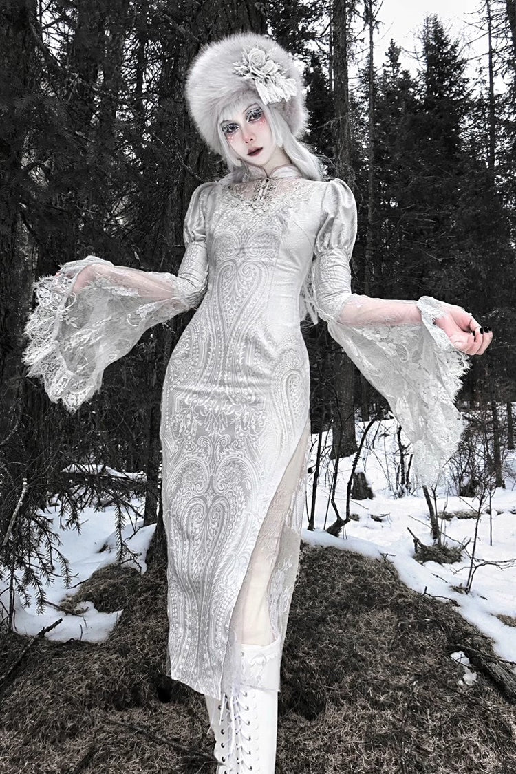 Silver V-Neck Long Sleeves High-Waisted Ruffle Lace Gothic Fishtail Dress