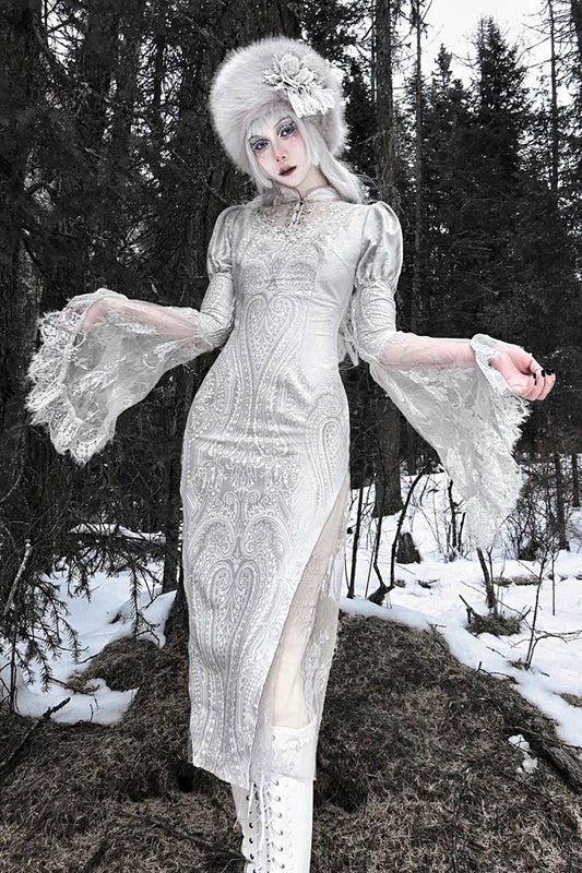 Silver V-Neck Long Sleeves High-Waisted Ruffle Lace Gothic Fishtail Dress