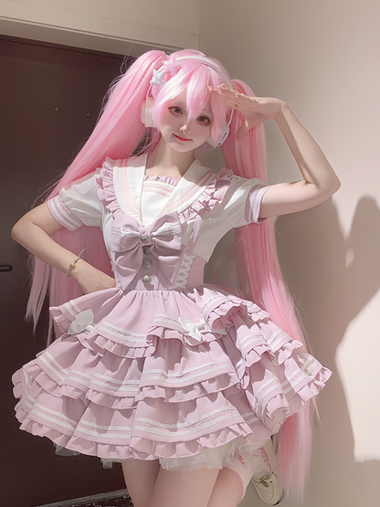 Accents Tiered Skirt Sweet Pink Overalls Flutter Sleeves Bow Lolita Dress Light