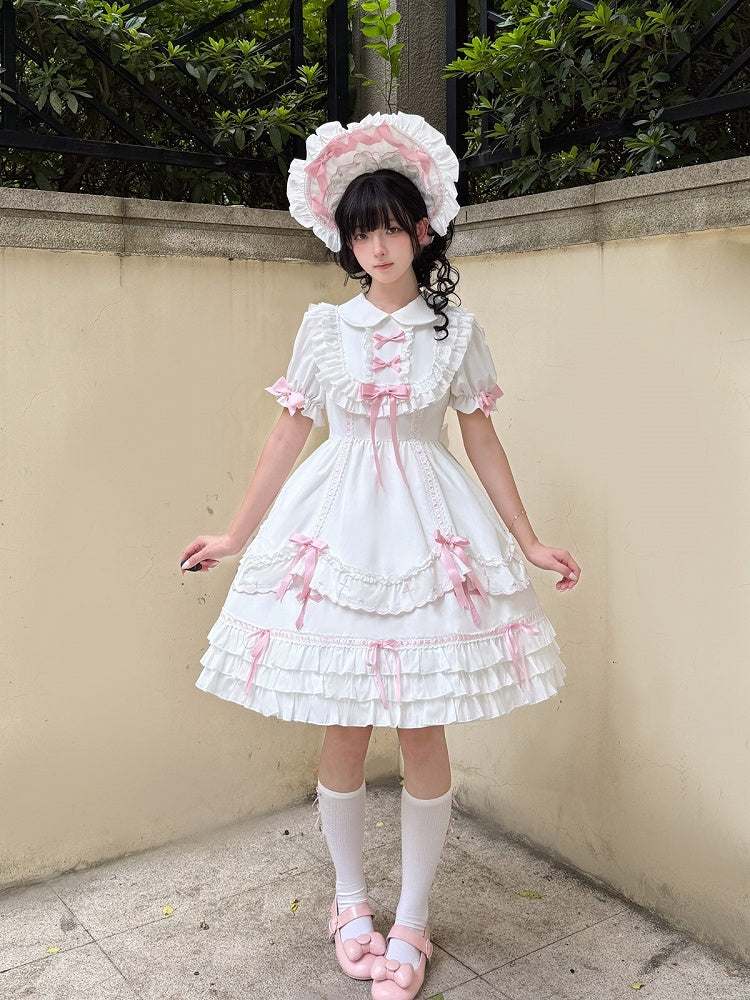 Sweet Short Sleeve Peter Pan Collar Lolita OP with Bow Accents in Pink & White - MUYU