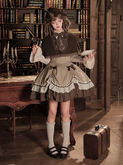 Brown Striped Faux-Layered Lolita Dress Set with Drawstring, Cape, Jabot & Mini Hat - With PUJI