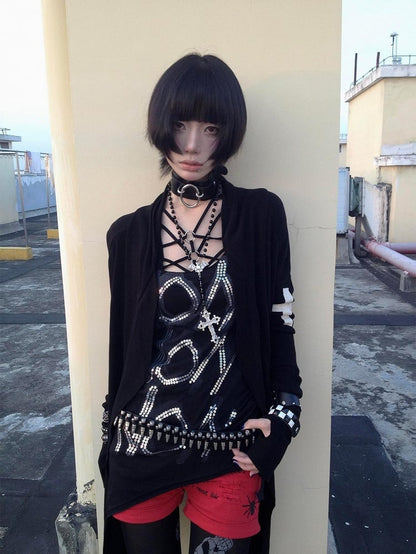 Knit Cardigan Embroidery Gothic Black Edgy Cross