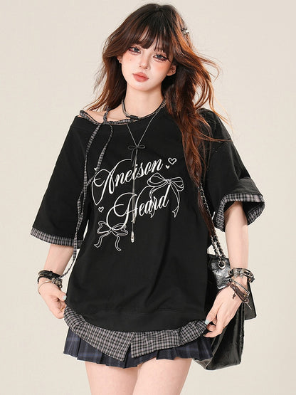 Musterträger Bittersweet Selbstbinden Kariertes T-Shirt Schwarz Asymmetrischer Ausschnitt