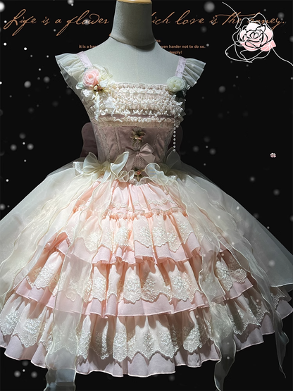 Stoff Jacquard Rock Tiered Lolita Kleid Jumper Balletcore Sweet Rosette Pink Akzente