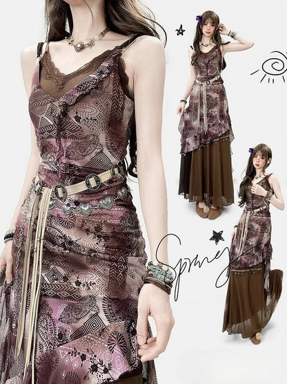 Design Print Millard Fashion Asymmetrischer Saum Lila + Kleid Cami